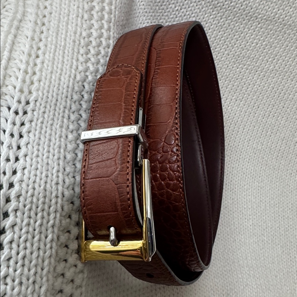 Ralph Lauren Croc-Embossed Leather Belt with Gold/Silver Buckle